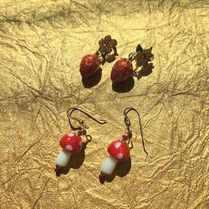 Set Of 2 Kate Spade Strawberry And Glass Red Toadstool Mushroom Gold Earrings